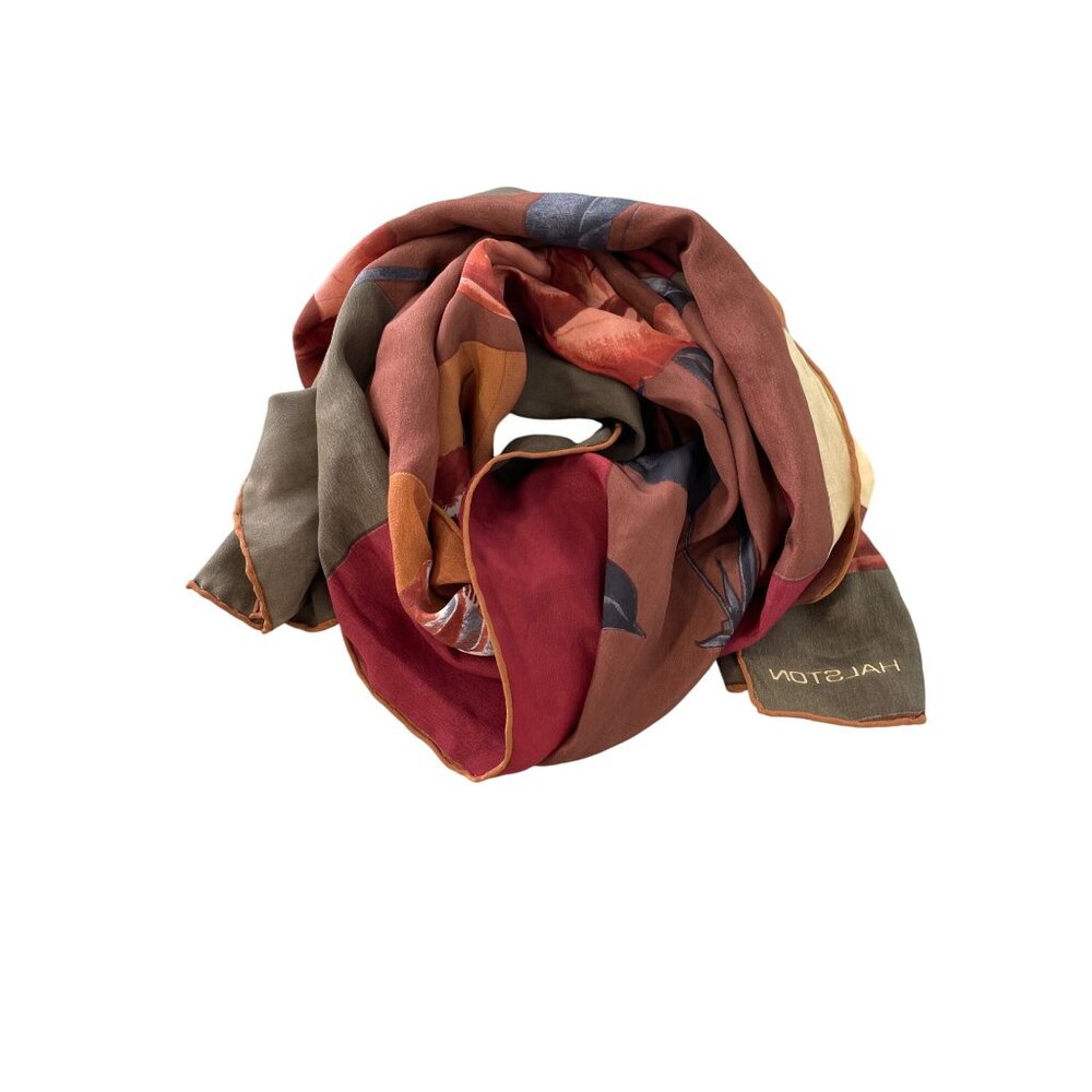 Halston Rose Print Silk Scarf Multicolor Red Orange Lightweight Neck Wrap Shawl